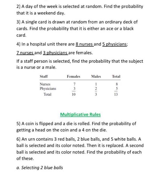 Solved 2) A day of the week is selected at random. Find the | Chegg.com