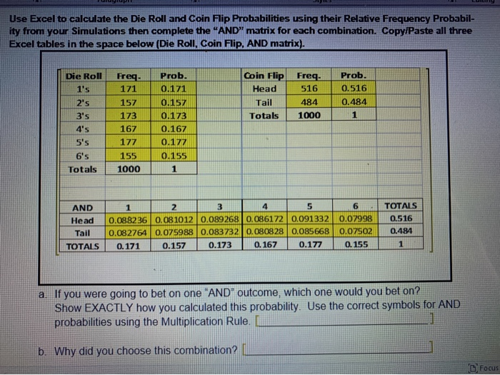 Solved Use Excel to calculate the Die Roll and Coin Flip