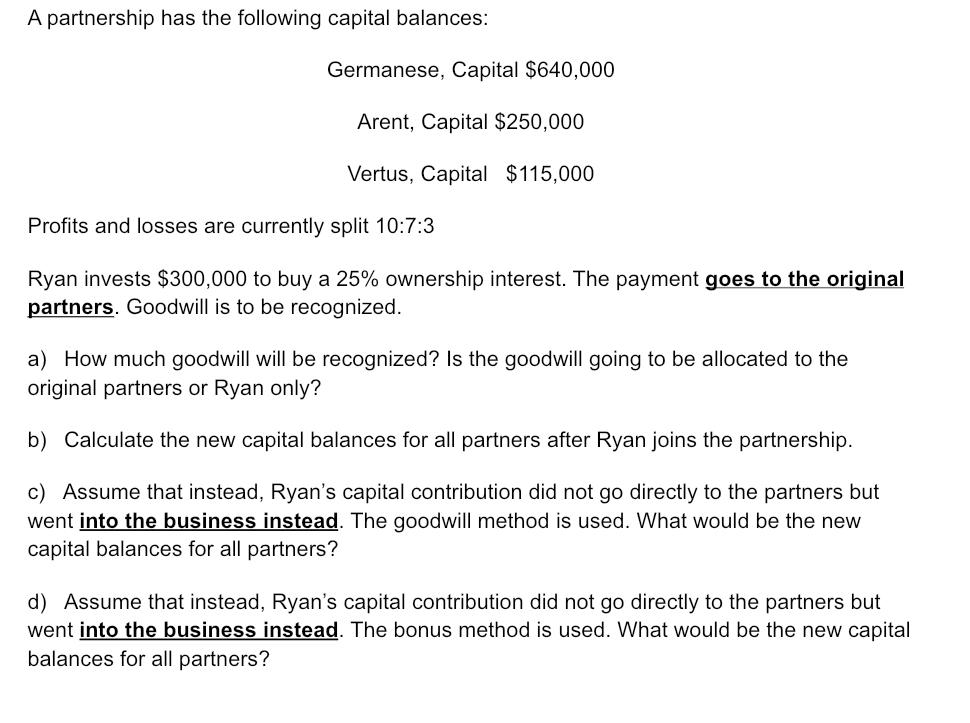 A partnership has the following capital | Chegg.com