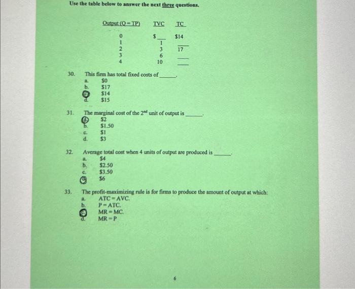 Solved Use The Table Below To Answer The Next Three | Chegg.com