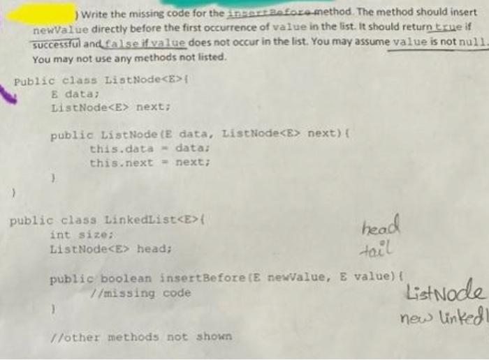 Solved Write the missing code for the insertanfose method. | Chegg.com