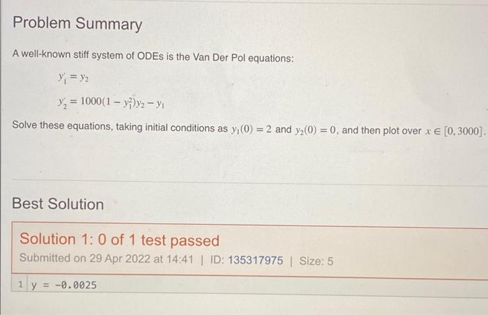 Solved Problem Summary A well-known stiff system of ODEs is | Chegg.com
