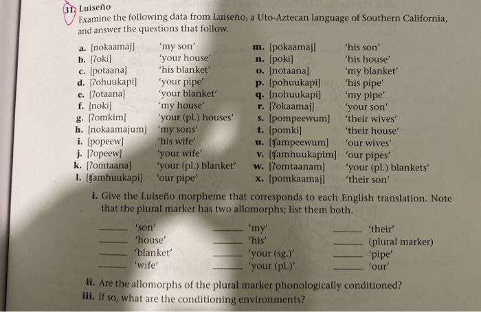 1. Examine the following data from Luiseño, a