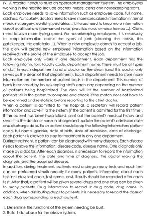 Solved IV. A Hospital Needs To Build An Operation Management | Chegg.com