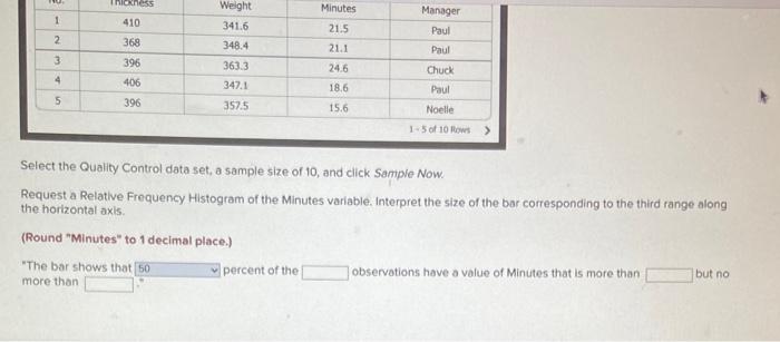 Select the Quality Control data set, a sample size of 10 , and click Sampve Now.
Request a Relative Frequency Histogram of th