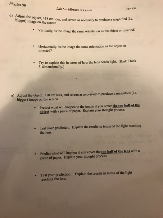Solved Lab 6 Mirrors & Lenses rey 4.0 Physics 8B d) Adjust