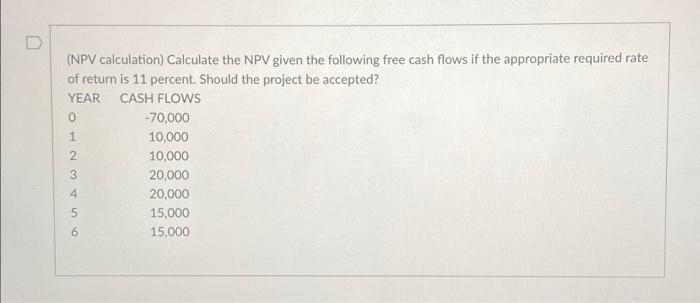 Solved (NPV calculation) Calculate the NPV given the | Chegg.com