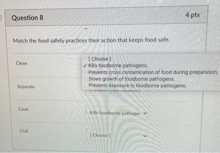 Solved Question 8 4 Pts Match The Food Safety Practices | Chegg.com