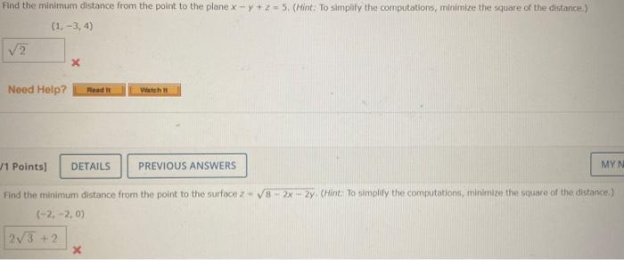 Solved Find the minimum distance from the point to the plane | Chegg.com