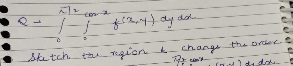Solved Q→∫0π2∫0cosxf(x,y)dydxSketch the region & change the | Chegg.com