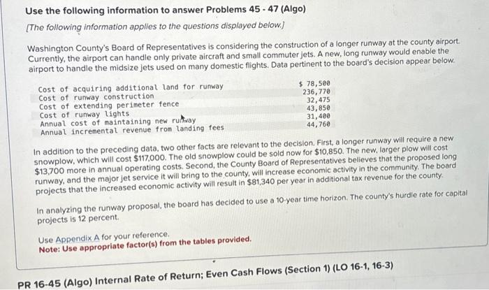 Solved Use the following information to answer Problems | Chegg.com