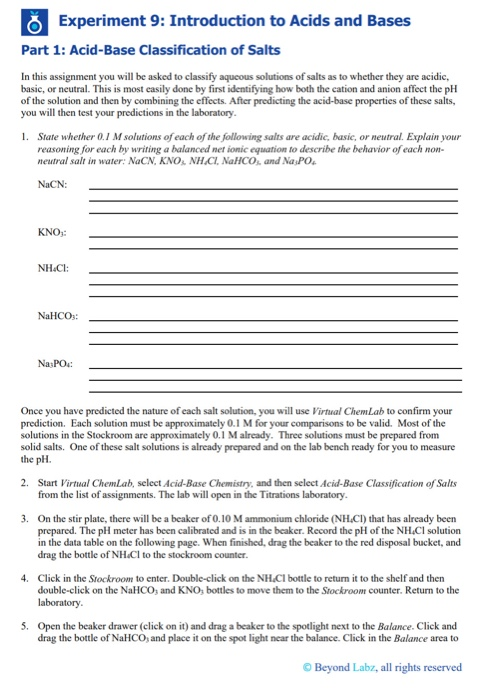 Solved Experiment 9 Introduction To Acids And Bases Part 1 Chegg Com