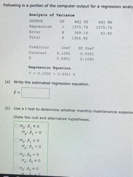 Solved Following is a portion of the computer output for a | Chegg.com