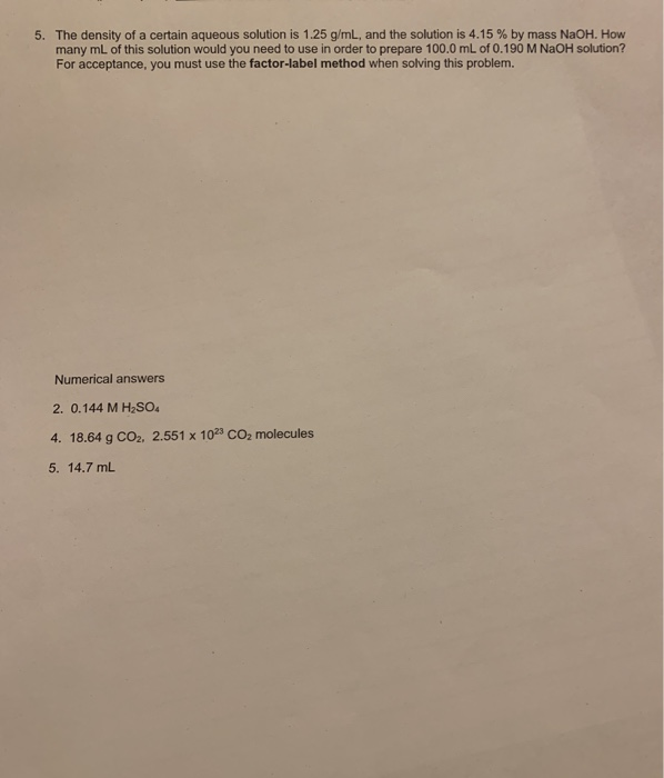 Solved 5. The density of a certain aqueous solution is 1.25 | Chegg.com