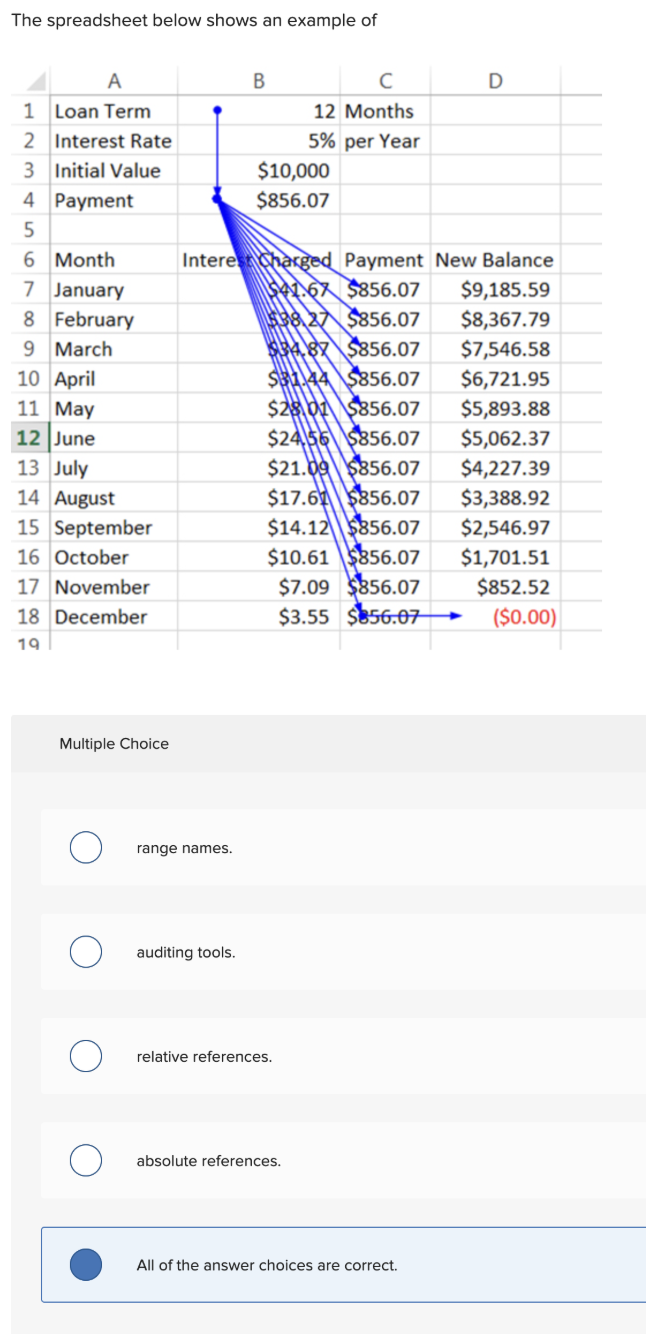 Multiple Choice Spreadsheet Questions Solved The spreadsheet below shows an example of:Multiple | Chegg.com