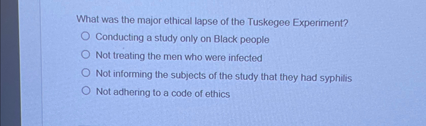 Solved What was the major ethical lapse of the Tuskegee | Chegg.com