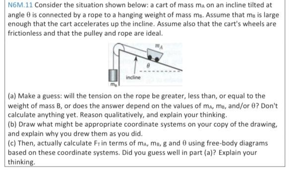 N6M.11 Consider the situation shown below: a cart of mass \( \mathrm{m}_{\mathrm{A}} \) on an incline tilted at angle \( \the