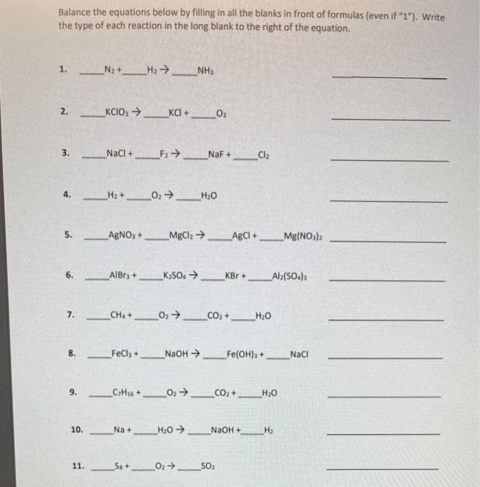 Solved Balance The Equations Below By Filling In All The 