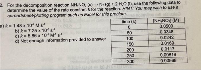 Solved For the decomposition reaction NH4NO2( s)→N2( | Chegg.com