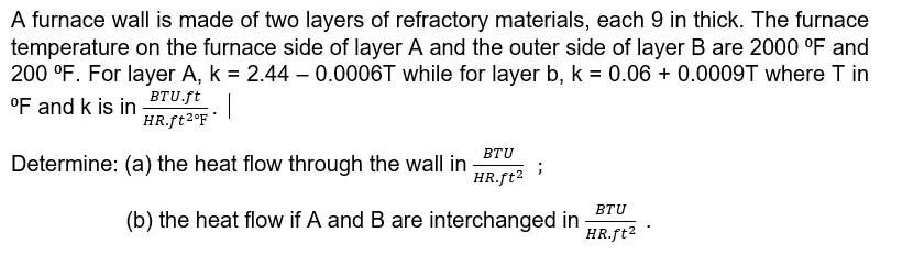 Solved A furnace wall is made of two layers of refractory | Chegg.com