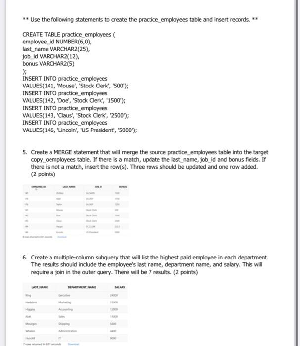 Solved ** Use the following statements to create the | Chegg.com