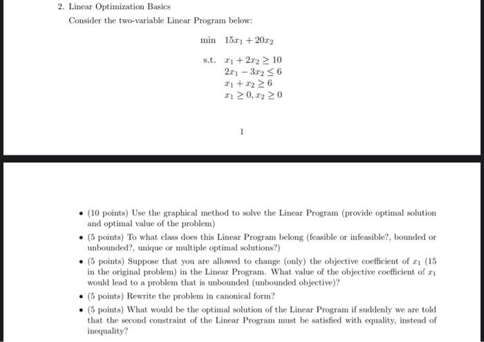 Solved 2. Linear Optimization Basics Consider the | Chegg.com