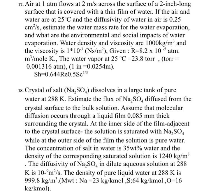 Solved 17. Air at 1 atm flows at 2 m/s across the surface of | Chegg.com