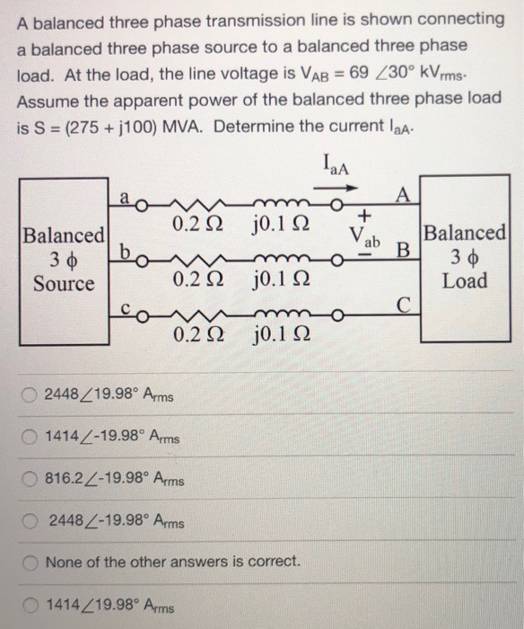 Solved A balanced three phase transmission line is shown | Chegg.com