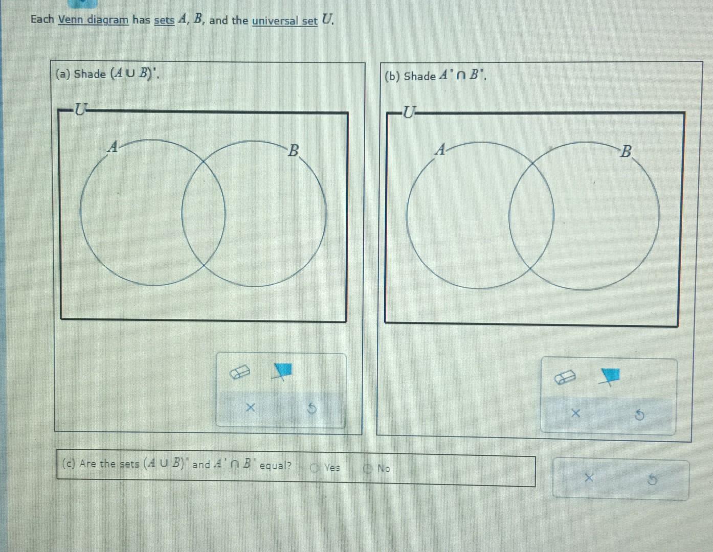 Solved Each Venn Diagram Has Sets A,B, And The Universal Set | Chegg.com