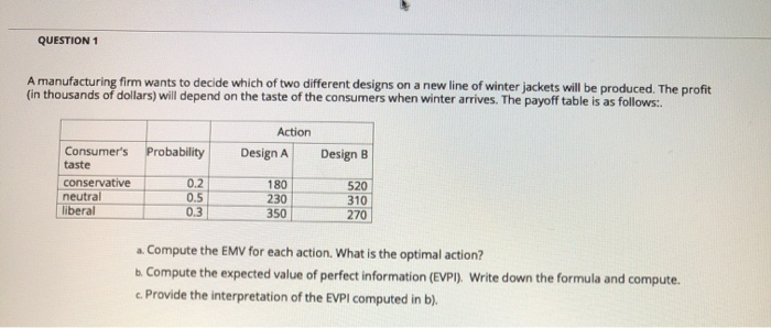 Solved QUESTION 1 A manufacturing firm wants to decide which | Chegg.com