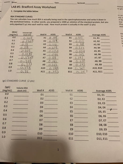 Section Name: Date: LAB #5: Bradford Assay Workshe... | Chegg.com