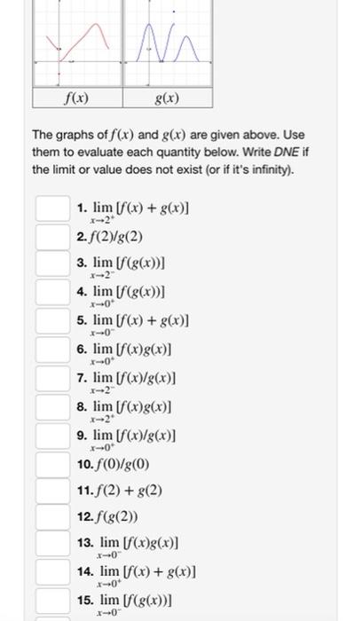 ANA
f(x)
g(x)
The graphs of f(x) and g(x) are given above. Use
them to evaluate each quantity below. Write DNE if
the limit o