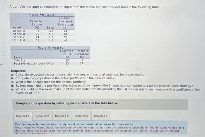 Solved A Portfolio Manager Summarizes The Input From The | Chegg.com