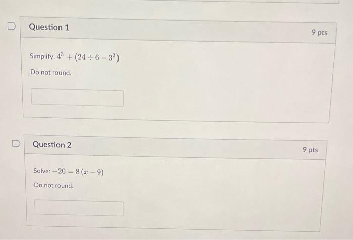 Solved y:43+(24÷6−32) round. tion 2 −20=8(x−9)Translate the | Chegg.com