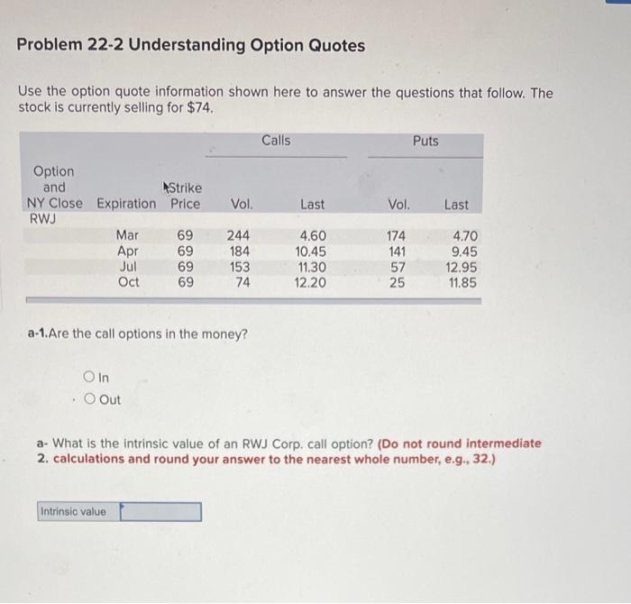 Solved Problem 22-2 Understanding Option Quotes Use the | Chegg.com