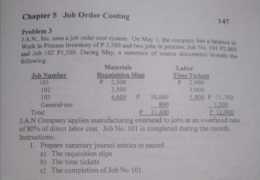 Solved Chapter 5 Job Order Costing 147 Problem 3 J.A.N., | Chegg.com