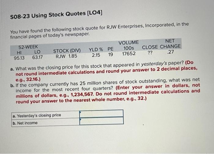 Solved You have found the following stock quote for RJW