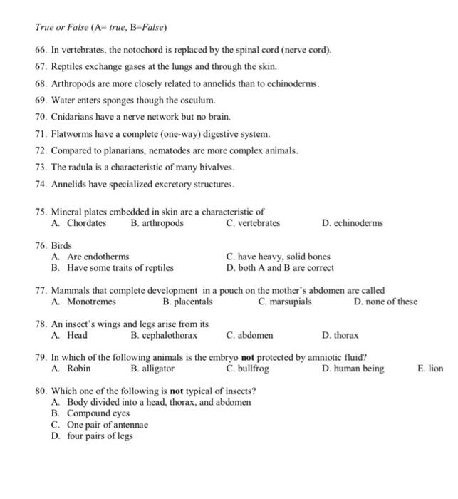 Solved True Or False (A= True, B-False) 66. In Vertebrates, | Chegg.com