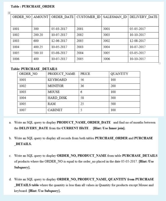 Solved Table PURCHASE_ORDER ORDER_NO AMOUNT ORDER_DATE