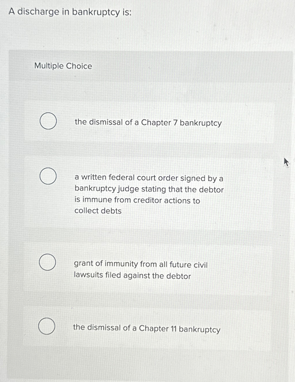 Solved A discharge in bankruptcy is:Multiple Choicethe | Chegg.com