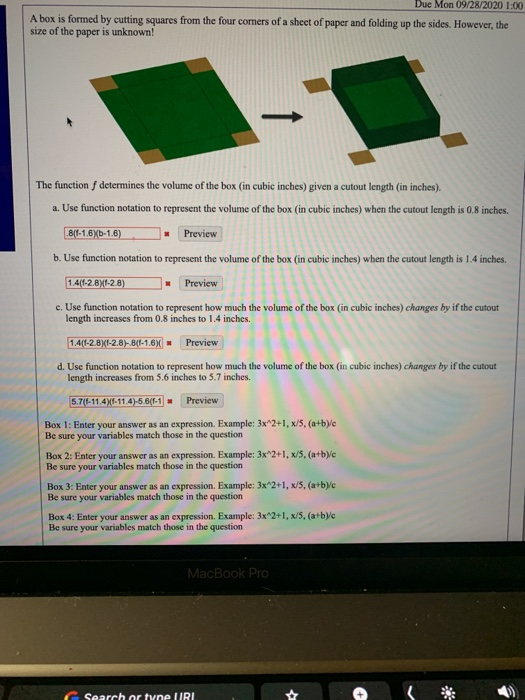 Box Dimensions Math Problems Solved Due Mon 09/28/2020 1:00 A box is formed by cutting | Chegg.com