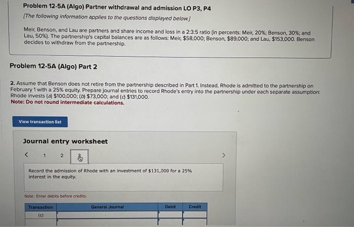 Solved Problem 12-5A (Algo) Partner Withdrawal And Admission | Chegg.com