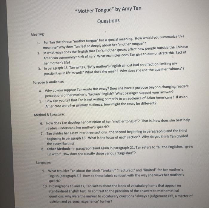 Solved Mother Tongue By Amy Tan Questions Meaning 1 For Chegg Com
