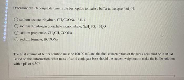 Solved A student must make a buffer solution with a pH of | Chegg.com