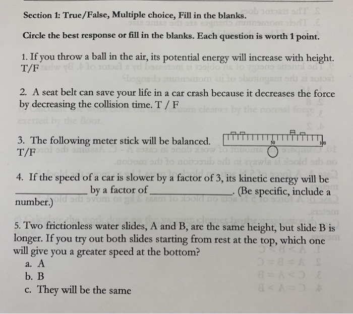 Solved Section 1: True/False, Multiple choice, Fill in the | Chegg.com