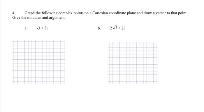 4. Graph the following complex points on a Cartesian coordinate plane and draw a vector to that point. Give the modulus and a