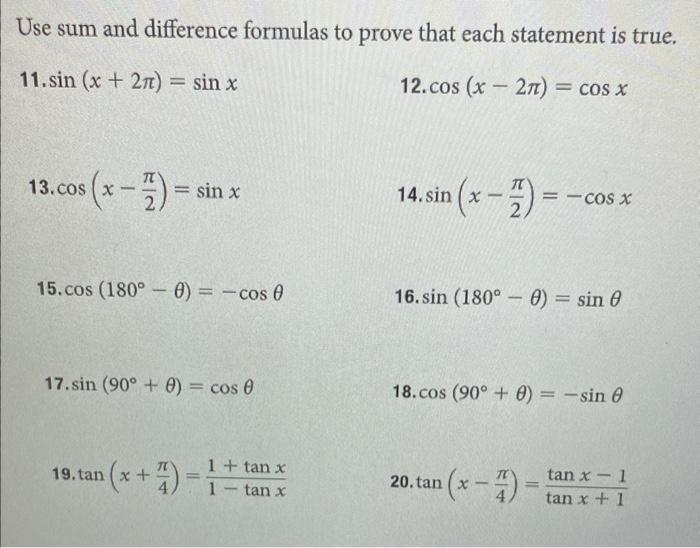 Solved Use sum and difference formulas to prove that each | Chegg.com