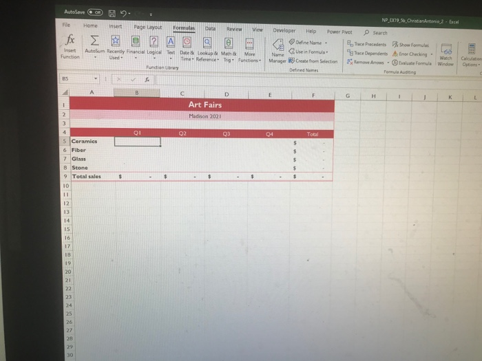 AutoSave On : NP EX19 Ostatnio 2 - Excel File Home Help fr Power Pivot Search Tace Precedents Show Formulas Trace Dependents