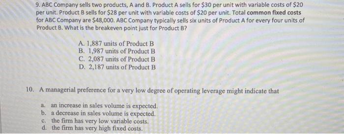 Solved 9. ABC Company sells two products, A and B. Product A | Chegg.com