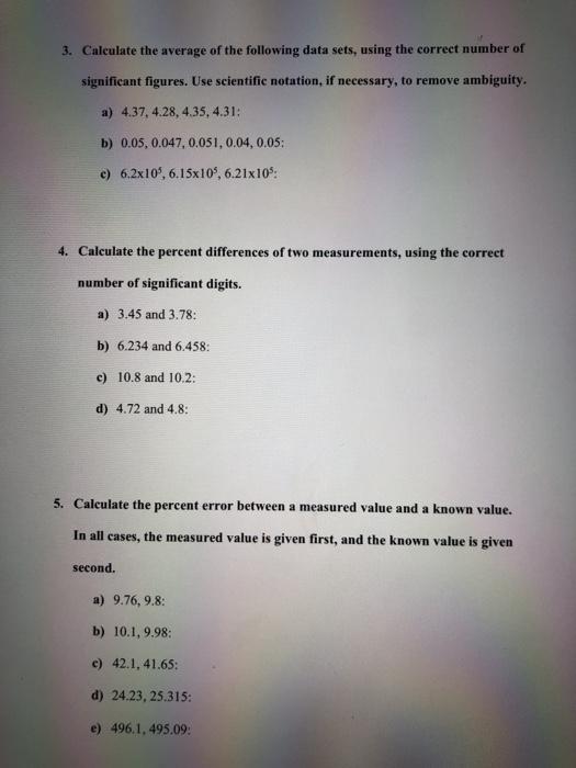 Solved 3. Calculate the average of the following data sets, | Chegg.com